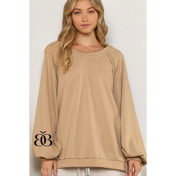 POL Mocha Criss Cross Back Slouchy French Terry Pullover - Picture 9 of 12